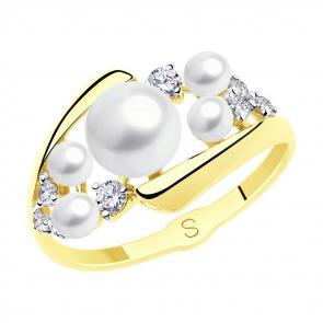 Кольцо из лимонного золота SOKOLOV с фианитом и жемчугом 791147-2 фото