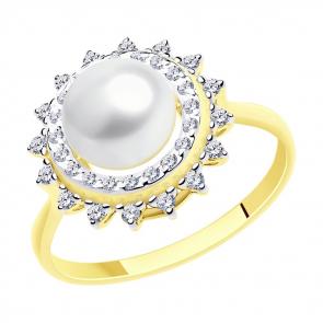 Кольцо из лимонного золота SOKOLOV с фианитом и жемчугом 791172-2 фото