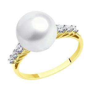 Кольцо из лимонного золота SOKOLOV с фианитом и жемчугом 791246-2 фото