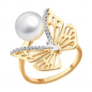 Золотое кольцо SOKOLOV с фианитом, жемчугом и горным хрусталём 791278 фото