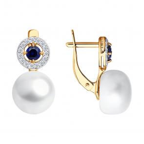 Золотые серьги SOKOLOV с фианитом, сапфировым корундом и жемчугом 792008 фото
