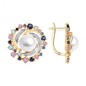 Золотые серьги SOKOLOV с топазом, фианитом, аметистом, сапфировым корундом и жемчугом 792232 фото