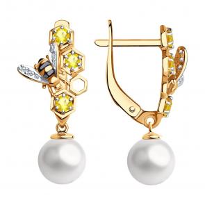 Золотые серьги SOKOLOV с фианитом, цитрином и жемчугом 792382 фото