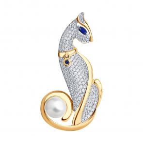Золотая брошь SOKOLOV с фианитом, сапфировым корундом и жемчугом 794010 фото