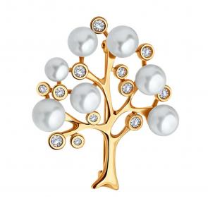 Золотая брошь SOKOLOV с фианитом и жемчугом 794024 фото