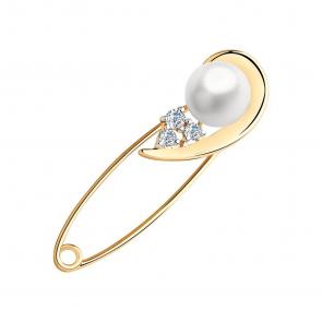 Золотая булавка SOKOLOV с фианитом и жемчугом 794039 фото