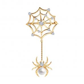 Золотая брошь SOKOLOV с фианитом и жемчугом 794050 фото