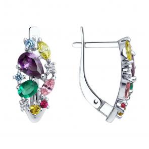 Серебряные серьги SOKOLOV с фианитом, гидротермальным изумрудом и рубиновым корундом 82020017-91 фото