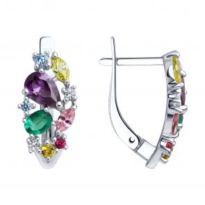 Серебряные серьги SOKOLOV с фианитом, гидротермальным изумрудом и рубиновым корундом 82020017 фото