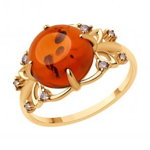 Кольцо из золочёного серебра SOKOLOV с фианитом и янтарём 83010200 фото