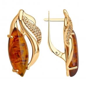 Серьги из золочёного серебра SOKOLOV с фианитом и янтарём 83020033 фото