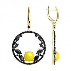 Серьги из золочёного серебра SOKOLOV с фианитом и янтарём 83020098 фото