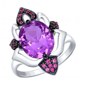 Серебряное кольцо SOKOLOV с ситаллом цвета Аметист и фианитом 92011308 фото