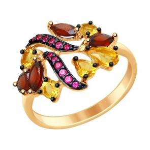Кольцо из золочёного серебра SOKOLOV с фианитом, цитрином и гранатом 92011397 фото