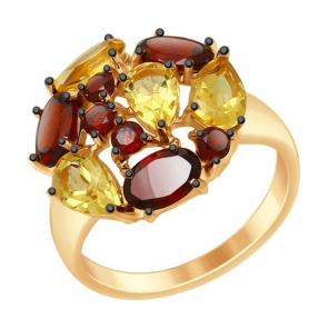 Кольцо из золочёного серебра SOKOLOV с цитрином и гранатом 92011426 фото