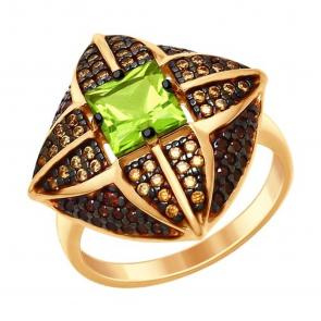 Кольцо из золочёного серебра SOKOLOV с фианитом и хризолитом 92011433 фото