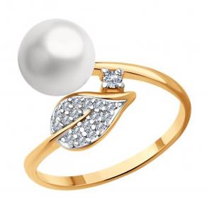 Кольцо из золочёного серебра SOKOLOV с фианитом и жемчугом 92012169 фото