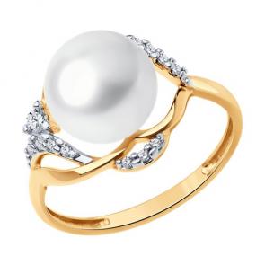 Кольцо из золочёного серебра SOKOLOV с фианитом и жемчугом 92014205 фото