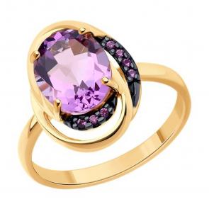 Кольцо из золочёного серебра SOKOLOV с фианитом и аметистом 92014226 фото