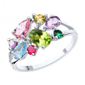 Серебряное кольцо SOKOLOV с топазом, фианитом, аметистом, хризолитом и рубиновым корундом 92014278 фото