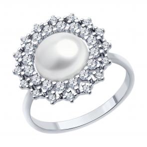 Серебряное кольцо SOKOLOV с фианитом и жемчугом 92014421 фото