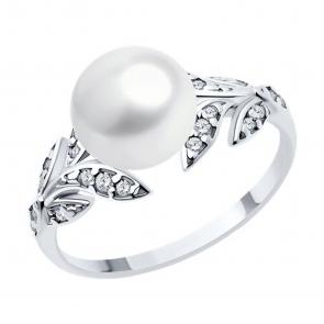 Серебряное кольцо SOKOLOV с фианитом и жемчугом 92014436 фото