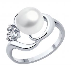 Серебряное кольцо SOKOLOV с фианитом и жемчугом 92014447 фото