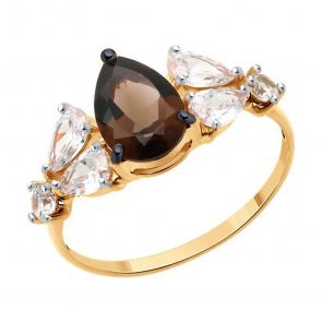 Кольцо из золочёного серебра SOKOLOV с фианитом и раухтопазом 92014452 фото