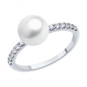 Серебряное кольцо SOKOLOV с фианитом и жемчугом 92014476 фото