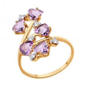 Кольцо из золочёного серебра SOKOLOV с фианитом и аметистом 92014571 фото