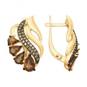 Серьги из золочёного серебра SOKOLOV с фианитом и раухтопазом 92021578 фото
