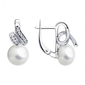 Серебряные серьги SOKOLOV с фианитом и жемчугом 92022641 фото
