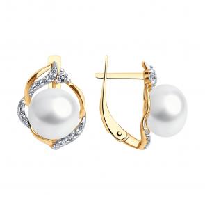 Серьги из золочёного серебра SOKOLOV с фианитом и жемчугом 92022661 фото
