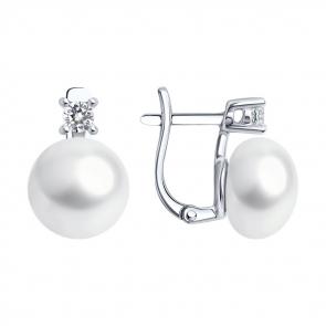 Серебряные серьги SOKOLOV с фианитом и жемчугом 92022673 фото