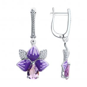 Серебряные серьги SOKOLOV с фианитом, аметистом и эмалью 92022762 фото