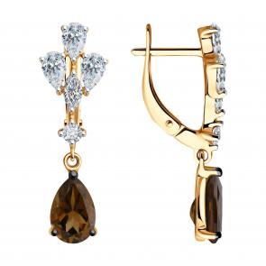 Серьги из золочёного серебра SOKOLOV с фианитом и раухтопазом 92022888 фото