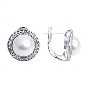 Серебряные серьги SOKOLOV с фианитом и жемчугом 92022957 фото