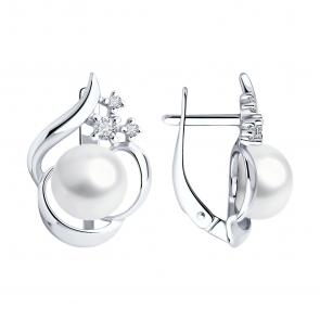 Серебряные серьги SOKOLOV с фианитом и жемчугом 92022958 фото