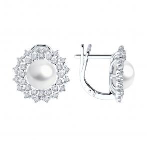 Серебряные серьги SOKOLOV с фианитом и жемчугом 92022965 фото