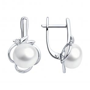 Серебряные серьги SOKOLOV с фианитом и жемчугом 92022994 фото