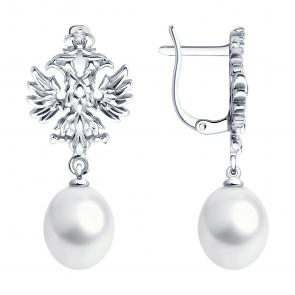 Серебряные серьги SOKOLOV с фианитом и жемчугом 92023076 фото