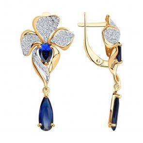 Серьги из золочёного серебра SOKOLOV с фианитом и сапфировым корундом 92023089 фото
