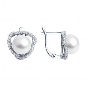 Серебряные серьги SOKOLOV с фианитом и жемчугом 92025288 фото