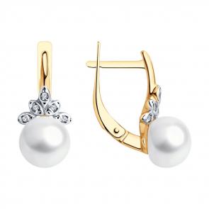 Серьги из золочёного серебра SOKOLOV с фианитом и жемчугом 92025292 фото