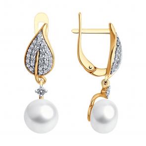 Серьги из золочёного серебра SOKOLOV с фианитом и жемчугом 92025301 фото