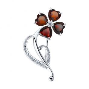 Серебряная брошь SOKOLOV с фианитом и гранатом 92040083 фото