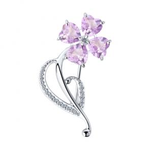 Серебряная брошь SOKOLOV с фианитом и аметистом 92040084 фото