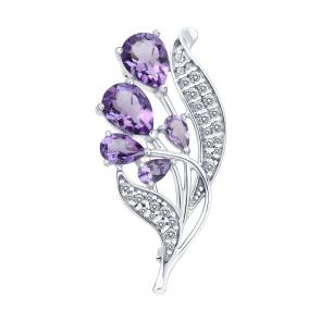 Серебряная брошь SOKOLOV с фианитом и аметистом 92040127 фото