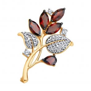 Брошь из золочёного серебра SOKOLOV с фианитом и гранатом 92040132 фото