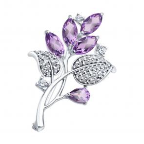 Серебряная брошь SOKOLOV с фианитом и аметистом 92040134 фото